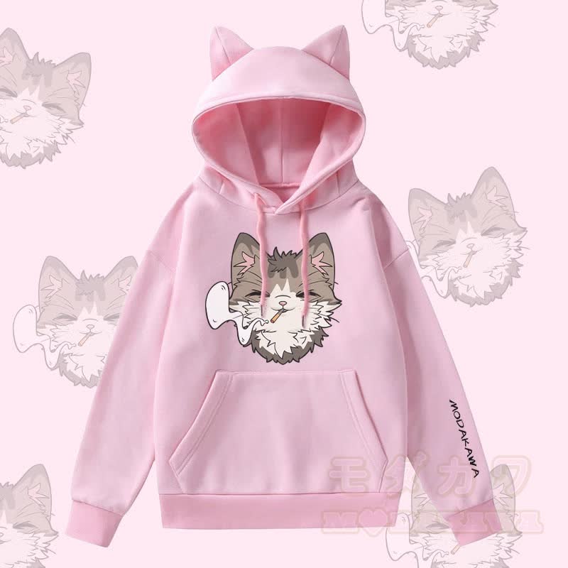 MODAKAWA スモーキングキャットグラフィック 猫耳ポケット 裏起毛パーカー - ピンク - 2XL - image 3