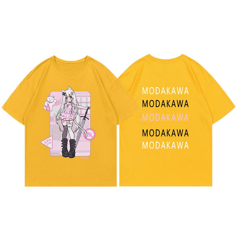 MODAKAWA X airii.exeキティガールレタープリント100%綿Tシャツ - Yellow - 5XL - image 11