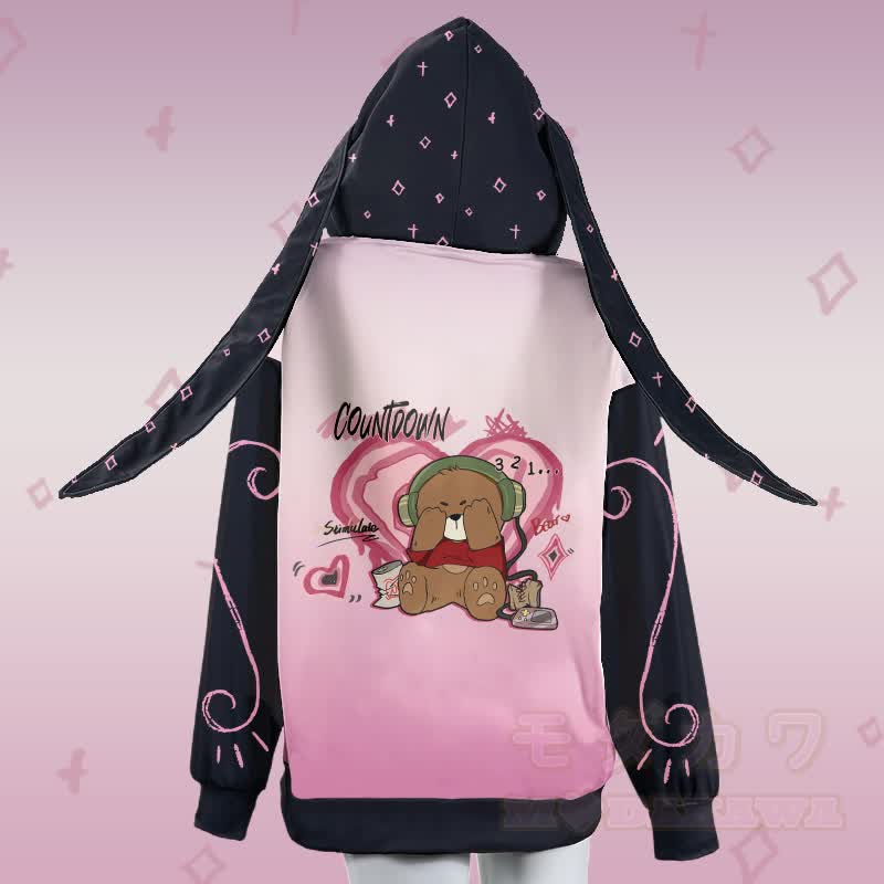 MODAKAWA グラデーション カバーアイズ ベア グラフィック ジッパー ロング バニーイヤー パーカー - image 3