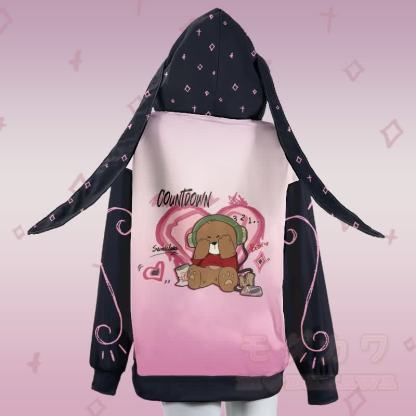 MODAKAWA グラデーション カバーアイズ ベア グラフィック ジッパー ロング バニーイヤー パーカー - image 3