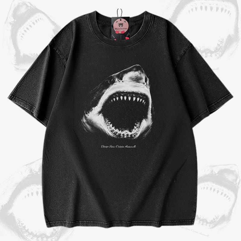 シャークマウスグラフィックModakawaヴィンテージウォッシュ加工100%綿Tシャツ - Black - 5XL - image 2