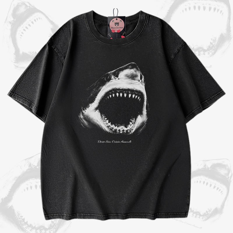 シャークマウスグラフィックModakawaヴィンテージウォッシュ加工100%綿Tシャツ - Black - 5XL - image 2