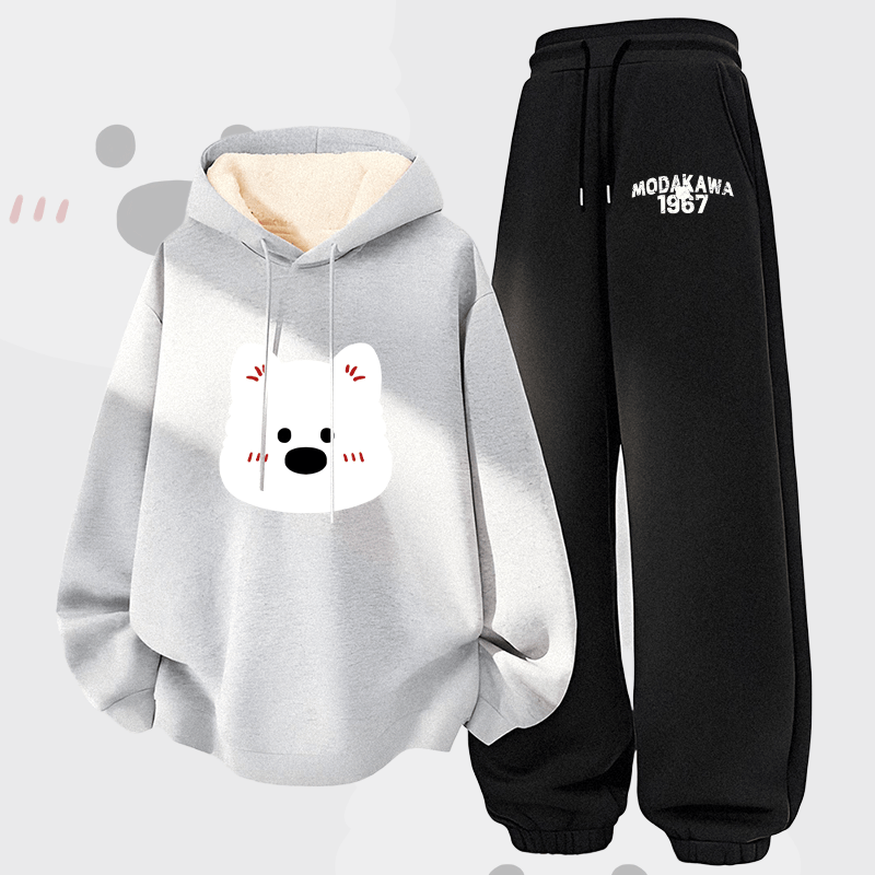 MODAKAWA キュートなクマのグラフィック 厚手裏起毛パーカーパンツ 2点セット - Grey&Black - 5XL - image 2