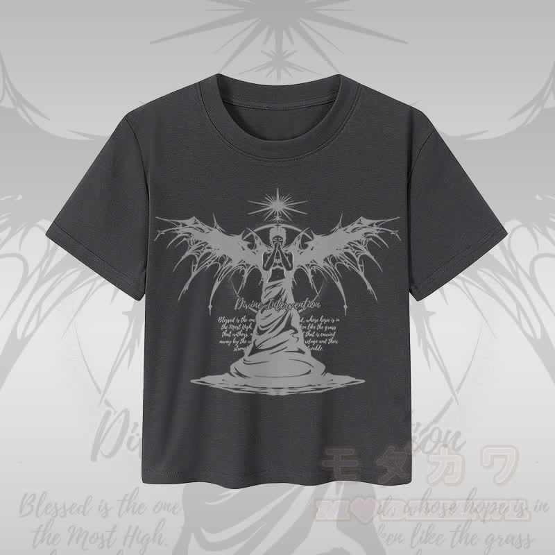 MODAKAWA DIVINE INTERVENTION ブラックウィングエンジェルグラフィック レディース クロップドTシャツ 92%コーマ綿クロップトップ - ダークグレー - XL - image 4