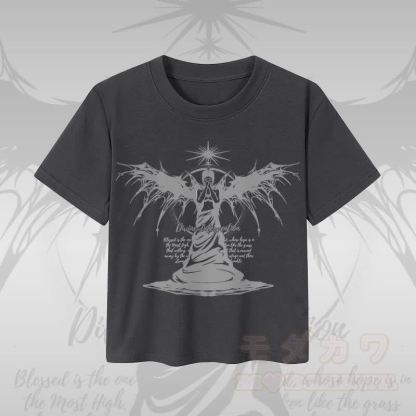MODAKAWA DIVINE INTERVENTION ブラックウィングエンジェルグラフィック レディース クロップドTシャツ 92%コーマ綿クロップトップ - ダークグレー - XL - image 4