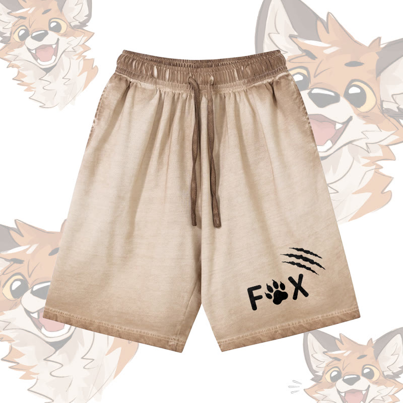 FOXグラフィックModakawa100%綿ヴィンテージウォッシュ ダメージ加工 ショートパンツ - Khaki - 5XL - image 2