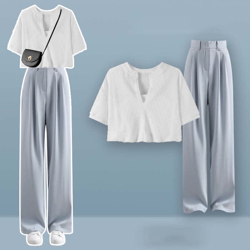 フェイクツーピース クロップトップ Tシャツ カジュアルパンツ ツーピースセット - Set B - XL - image 2