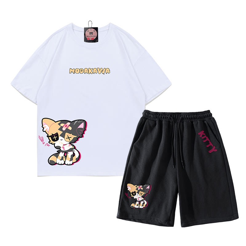 悲しいキティのグラフィックダーク美的Tシャツショーツ2点セット - ホワイト＆ブラック - C - 5XL - image 3