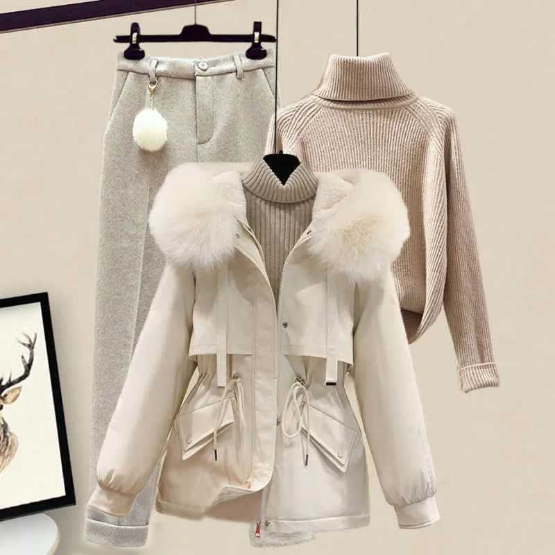 フリースフード付きコート、タートルネックセーター、カジュアルパンツのマッチングコーデ - Set B - 4XL - image 2