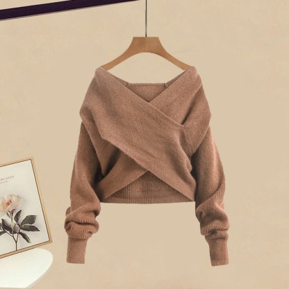 クロスニットセーター、チェックシャツ、ベルト、デニムパンツのマッチングコーデ - Sweater - XL - image 2