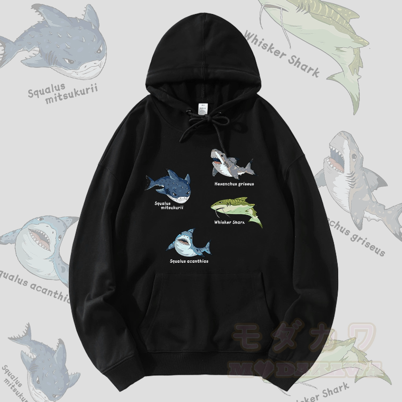 MODAKAWA サメの種グラフィック ストリートウェア プルオーバー パーカー - 黒 - 5XL - image 4