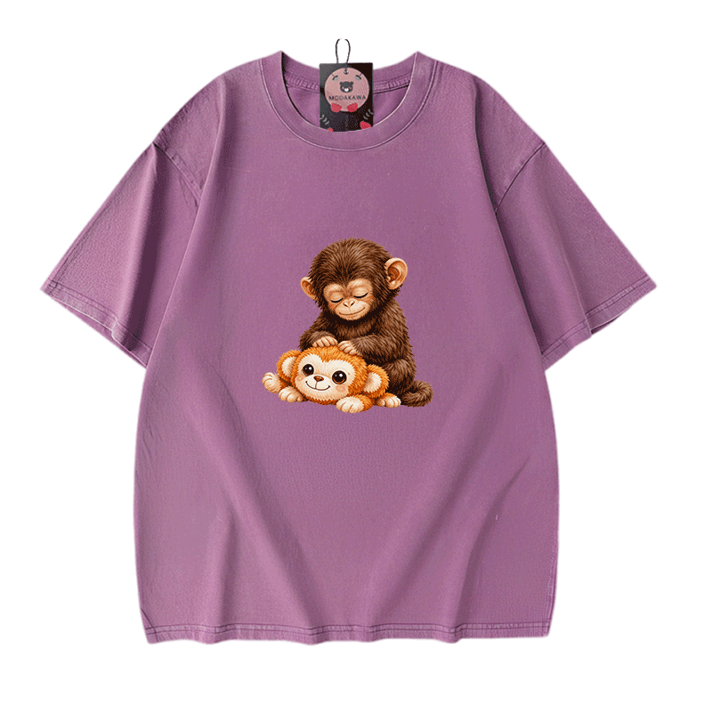 PUNCH モンキーグラフィックModakawaヴィンテージウォッシュ加工100%綿Tシャツ - Purple - 5XL - image 7