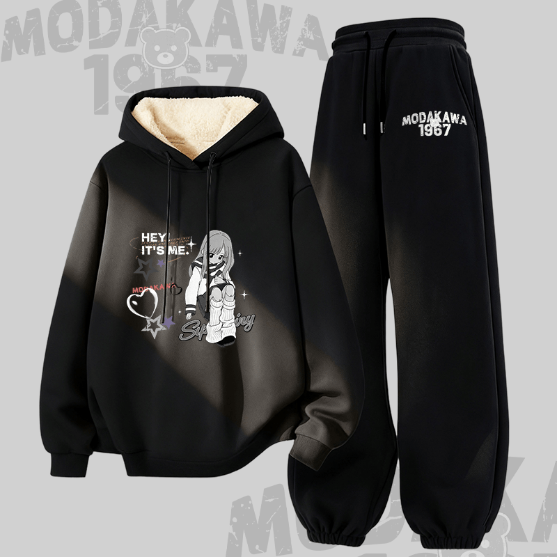 MODAKAWA HEY! IT'S ME ガールグラフィック 厚手裏起毛 パーカー パンツ 2点セット - Black - 5XL - image 4