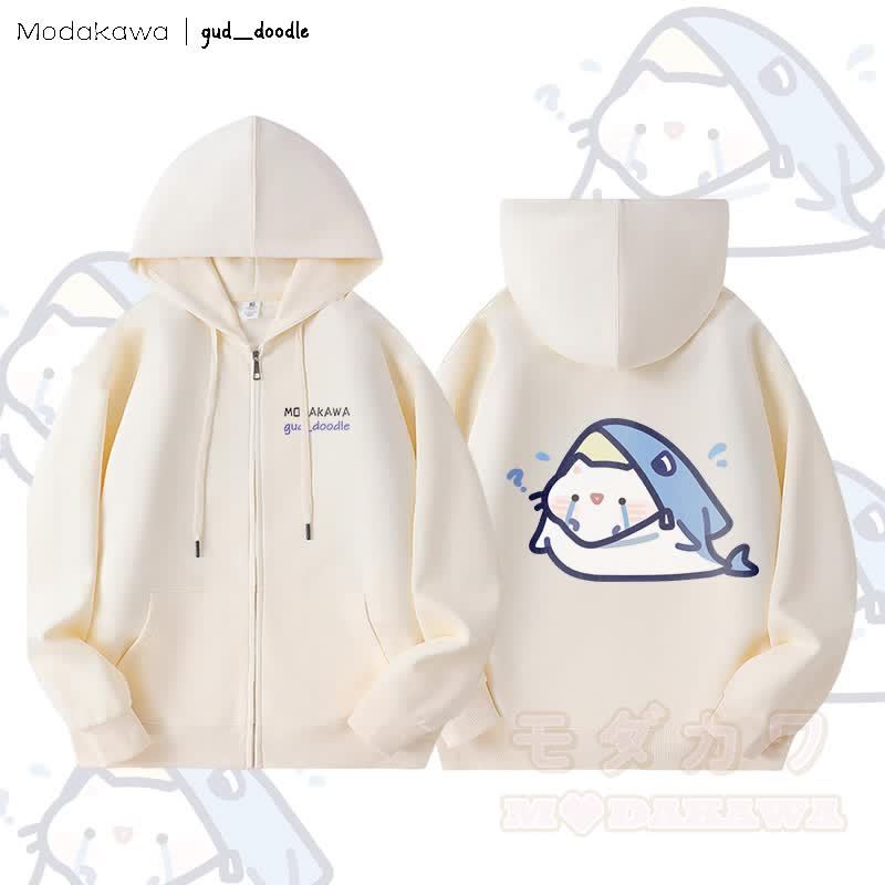 MODAKAWA X gud_doodleキティシャークグラフィック フリース裏地 ジップアップ パーカー スウェットシャツ - ベージュ - 5XL - image 5