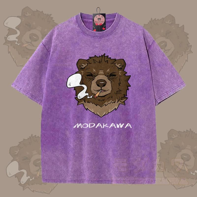 MODAKAWA スモーキングベア グラフィック ユニセックス ヴィンテージウォッシュTシャツ - 紫 - 5XL - image 7