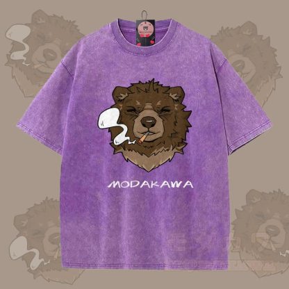 MODAKAWA スモーキングベア グラフィック ユニセックス ヴィンテージウォッシュTシャツ - 紫 - 5XL - image 7