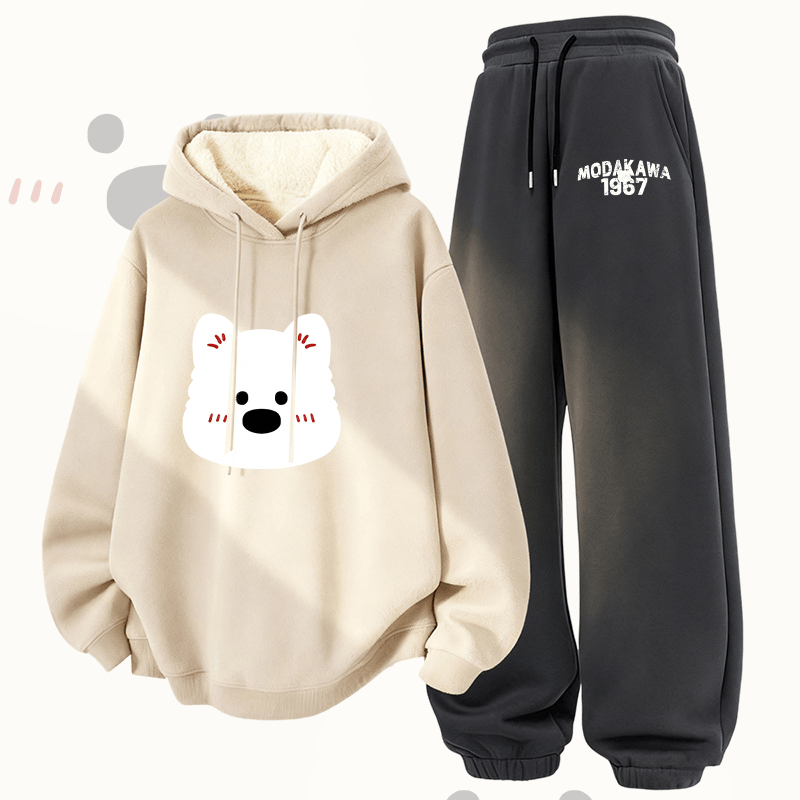 MODAKAWA キュートなクマのグラフィック 厚手裏起毛パーカーパンツ 2点セット - Apricot&Dark Grey - 5XL - image 3