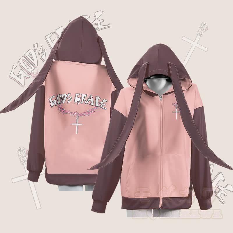 MODAKAWA GOD'S GRACE グラフィックジッパー ロング バニーイヤー パーカー - ピンク - 4XL - image 3