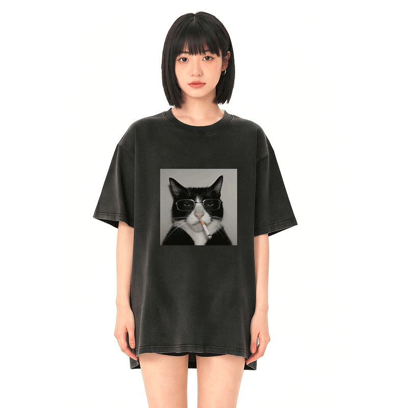 喫煙メガネ猫グラフィックModakawaユニセックス ヴィンテージウォッシュドTシャツ - image 3