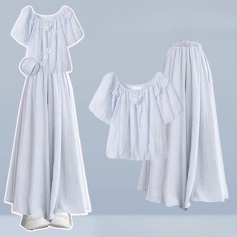 3Dフラワーブラウス ワイドレッグパンツスカート 2ピースセット - Blue - 3XL - image 4