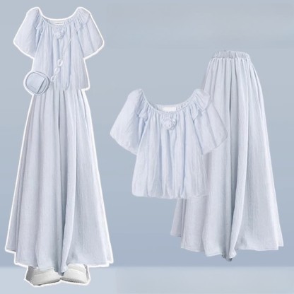 3Dフラワーブラウス ワイドレッグパンツスカート 2ピースセット - Blue - 3XL - image 4