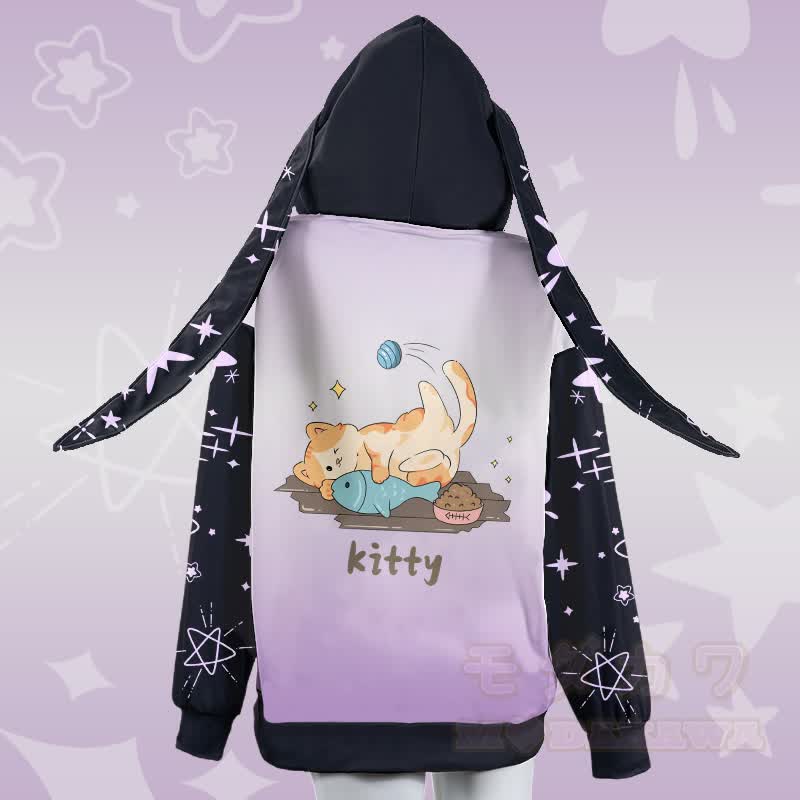 MODAKAWA グラデーションキティ 魚と遊ぶグラフィック ジッパー ロング うさぎ耳 パーカー - image 3