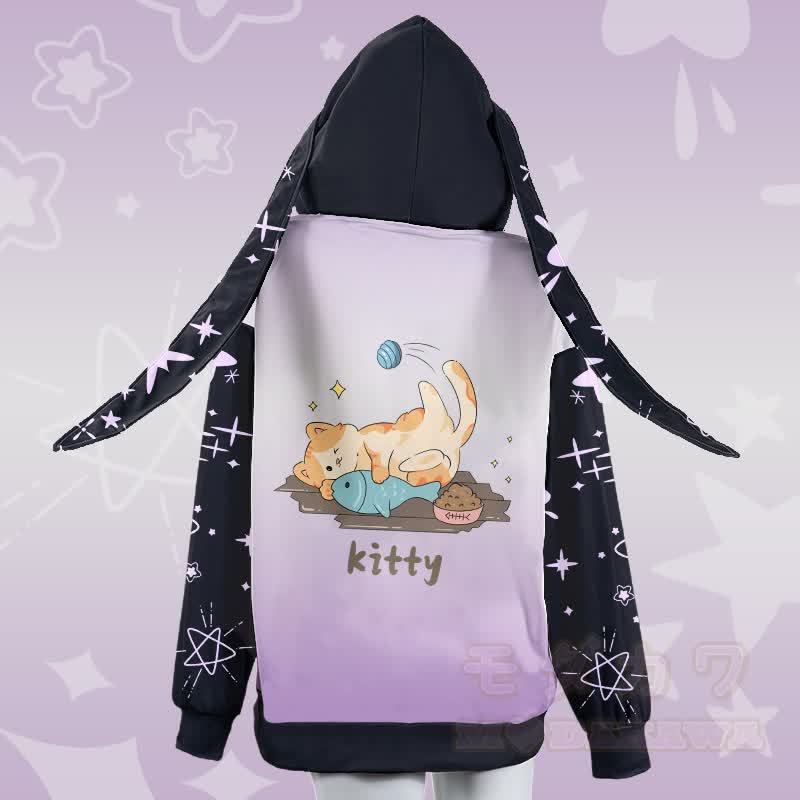 MODAKAWA グラデーションキティ 魚と遊ぶグラフィック ジッパー ロング うさぎ耳 パーカー - image 3