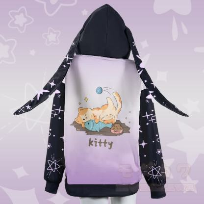 MODAKAWA グラデーションキティ 魚と遊ぶグラフィック ジッパー ロング うさぎ耳 パーカー - image 3