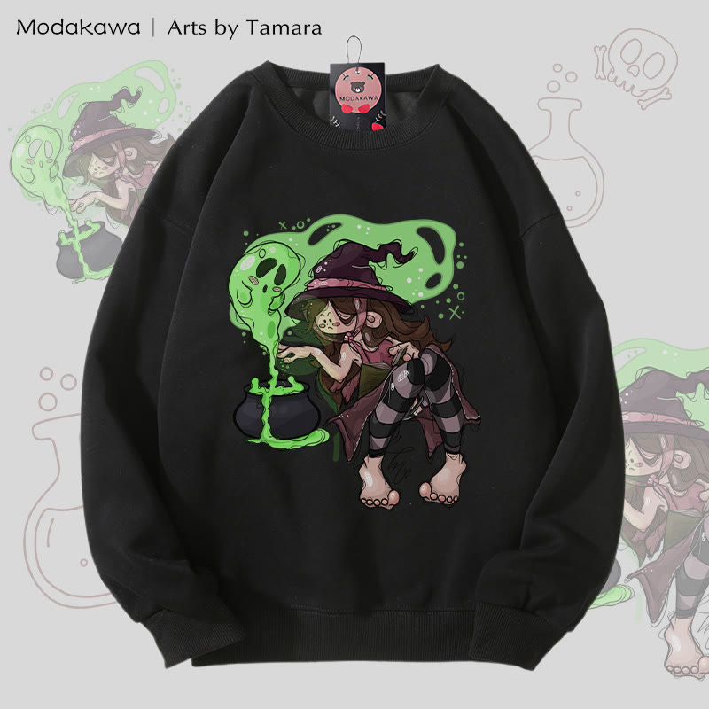 MODAKAWA X Arts by Tamara メイキングポーションウィッチ ハロウィン グラフィック ユニセックス スウェットシャツ - Black - 5XL - image 4