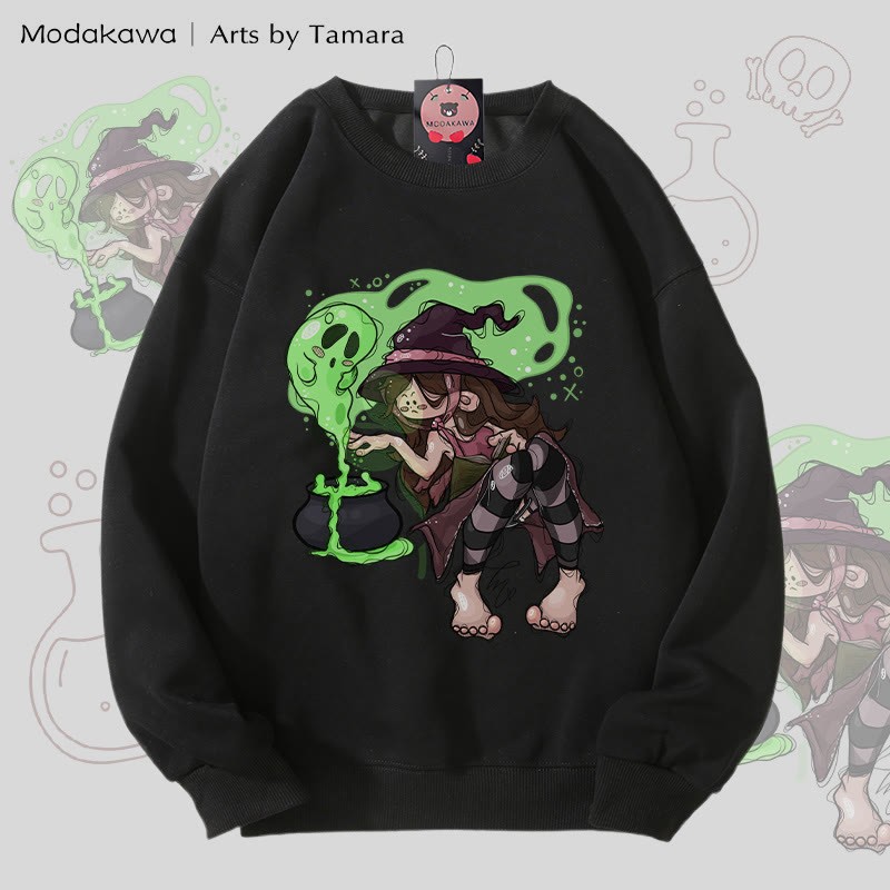 MODAKAWA X Arts by Tamara メイキングポーションウィッチ ハロウィン グラフィック ユニセックス スウェットシャツ - Black - 5XL - image 4