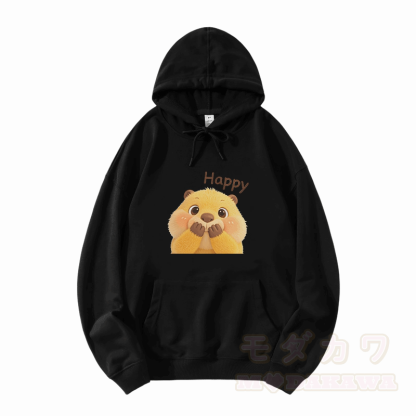 HAPPYカピバラ グラフィックModakawaルーズ コットンブレンド パーカー - 黒 - 5XL - image 3