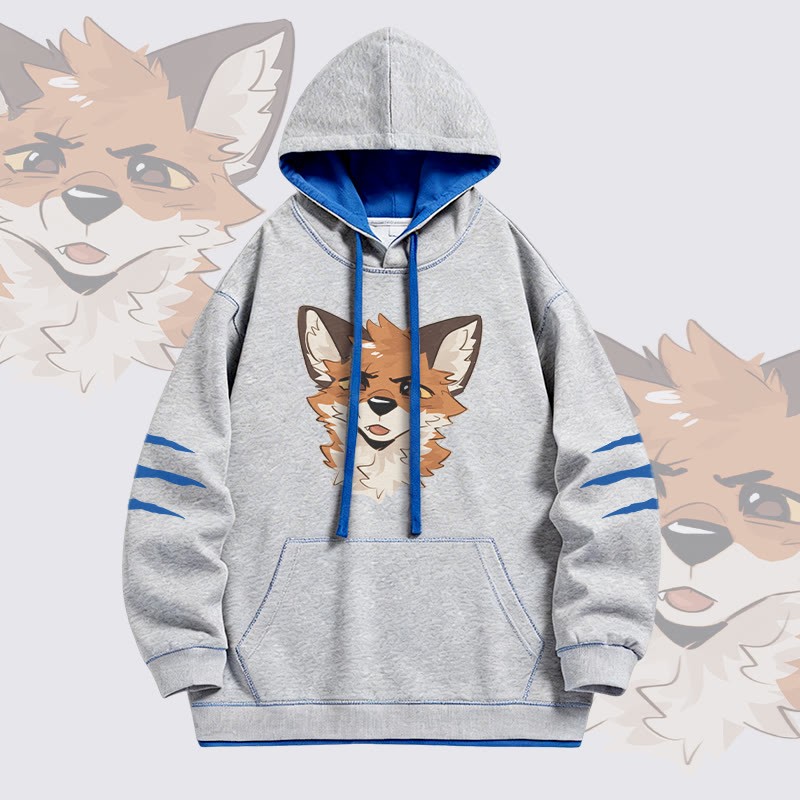 MODAKAWA X atka Squinty Fox Graphic Oversized Contrast Lining Pullover Hoodie - Grey - 4XL - image 3