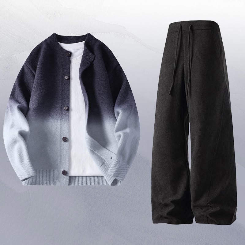 グラデーションニットカーディガンセーターコーデュロイパンツツーピース - Set D - 4XL - image 4