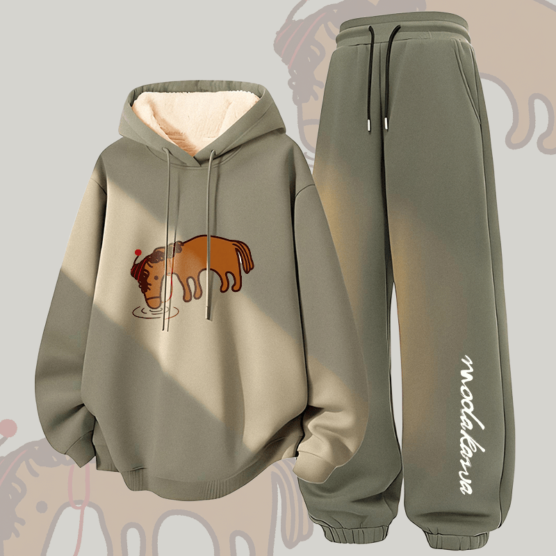MODAKAWA Thirsty Horse グラフィック 厚手裏起毛 フーディーパンツ 2点セット - Green - 5XL - image 3