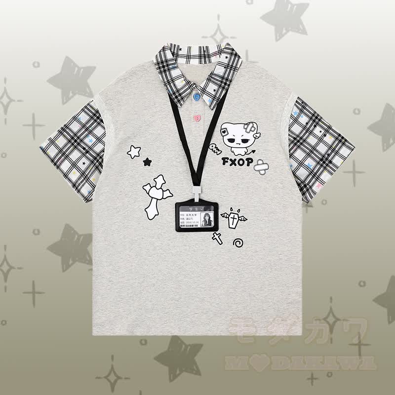 デーモンキティ グラフィックカラーブロック ポロシャツ ダメージデニムパンツModakawaマッチングアウトフィット - グレーのTシャツ - XL - image 5