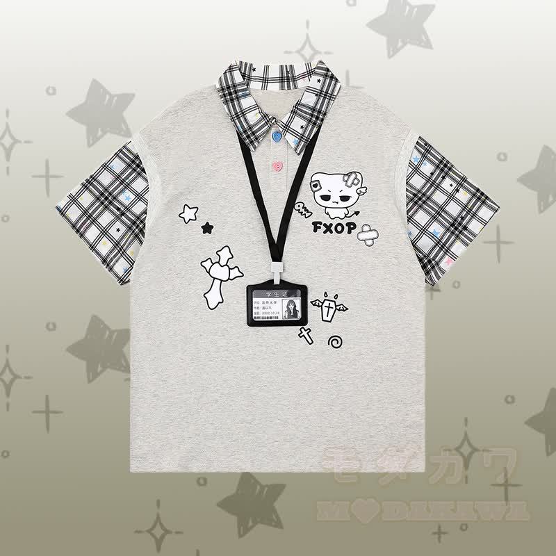 デーモンキティ グラフィックカラーブロック ポロシャツ ダメージデニムパンツModakawaマッチングアウトフィット - グレーのTシャツ - XL - image 5