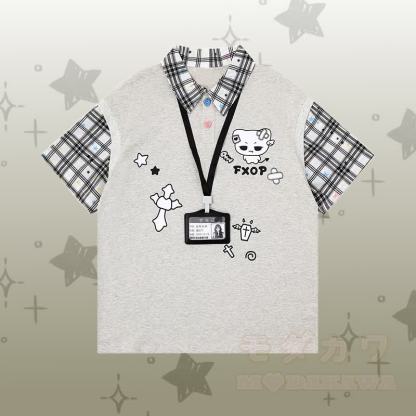 デーモンキティ グラフィックカラーブロック ポロシャツ ダメージデニムパンツModakawaマッチングアウトフィット - グレーのTシャツ - XL - image 5