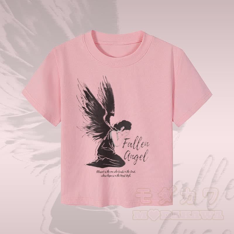 MODAKAWA Fallen Angel グラフィック レディース クロップドTシャツ 92% コーマ綿クロップトップ - ピンク - XL - image 3