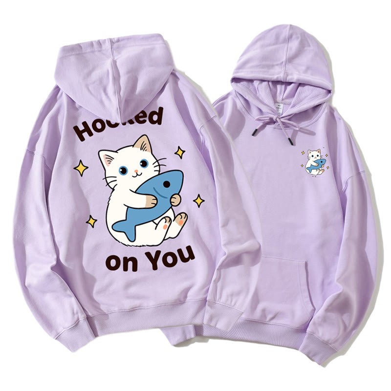 魚を抱くキティのグラフィックカップルマッチングパーカー - Purple A - 5XL - image 6