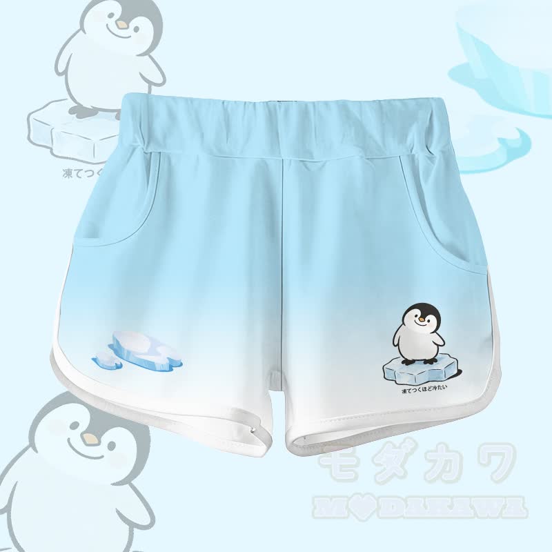 ペンギン柄100%綿Tシャツ グラデーションショーツModakawaツーピースセット - スカイブルーのショートパンツ - 5XL - image 4