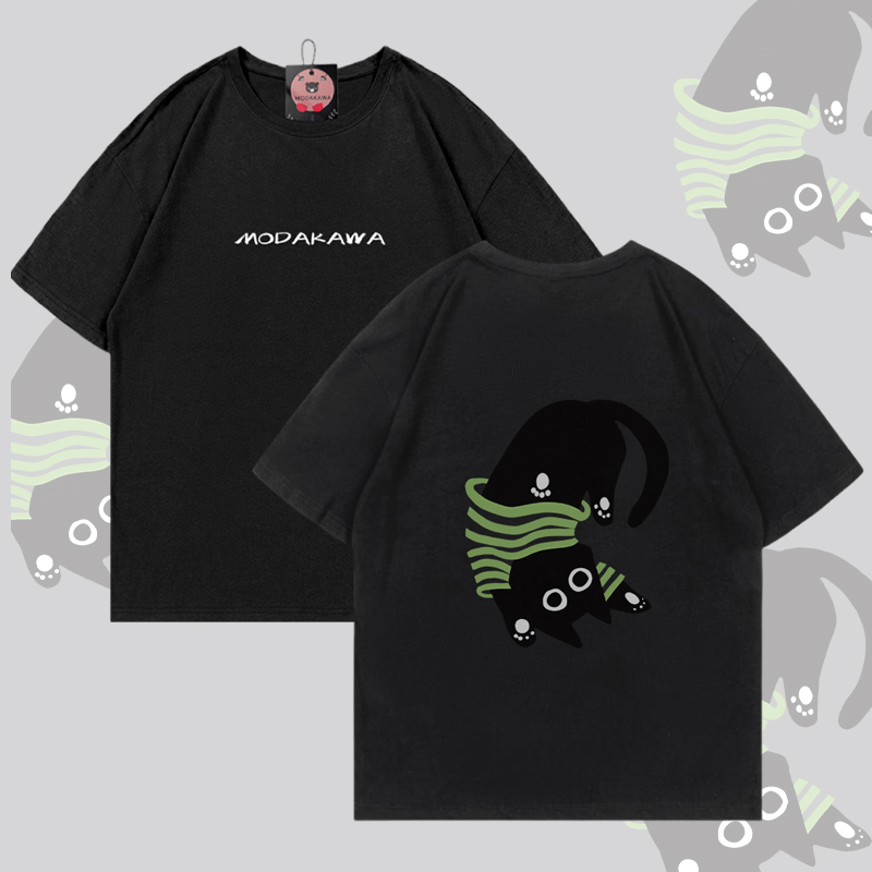 Upside Down Black Cat Graphic Modakawa Cotton T-shirt - Black - 5XL - image 4