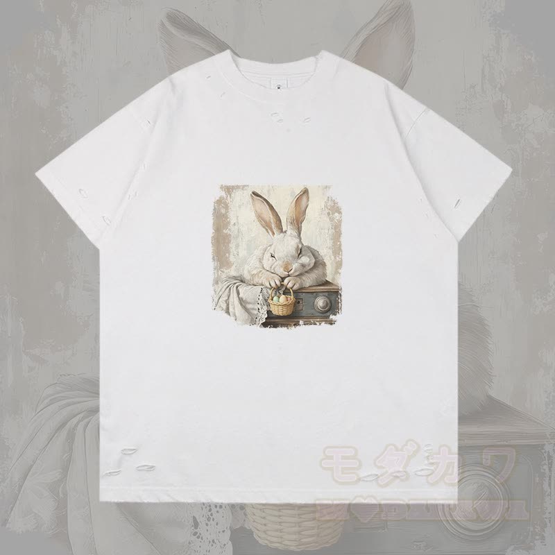 ヴィンテージ イースターバニー グラフィックModakawaリップド Tシャツ - 白 - 2XL - image 4