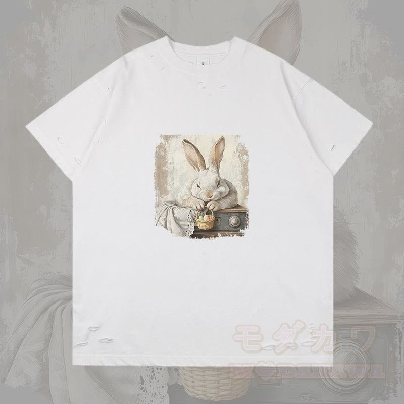 ヴィンテージ イースターバニー グラフィックModakawaリップド Tシャツ - 白 - 2XL - image 4