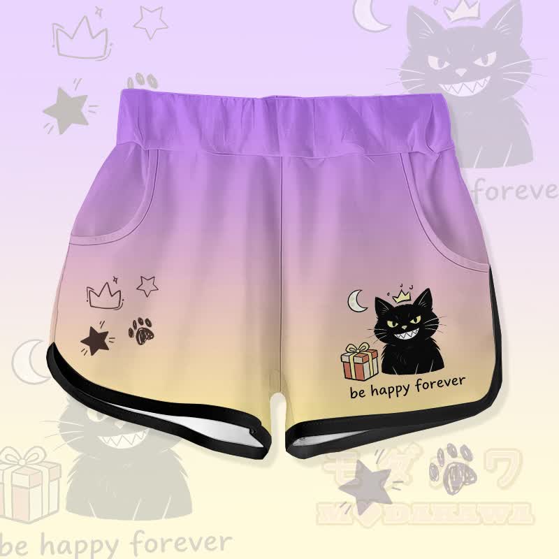 永遠にHAPPYでいよう 黒猫ギフト グラフィックModakawaグラデーション ショーツ - 紫 - 5XL - image 4