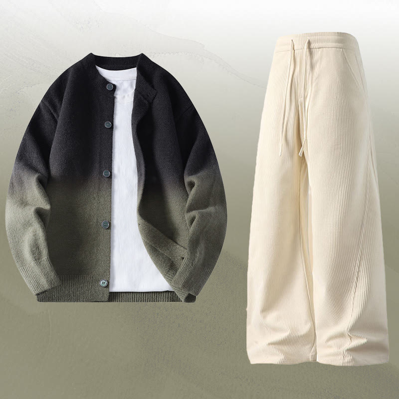 グラデーションニットカーディガンセーターコーデュロイパンツツーピース - Set E - 4XL - image 5