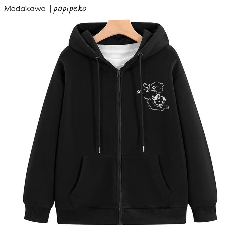 遊び心のある子犬のグラフィック ジップアップ フーディー スウェットシャツ - 黒 - 5XL - image 6