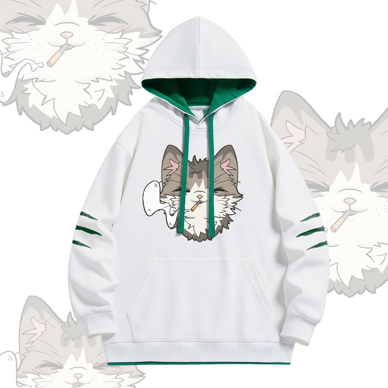 Smoking Cat Graphic Modakawa Oversized Contrast Lining Pullover Hoodie - White - 4XL - image 2