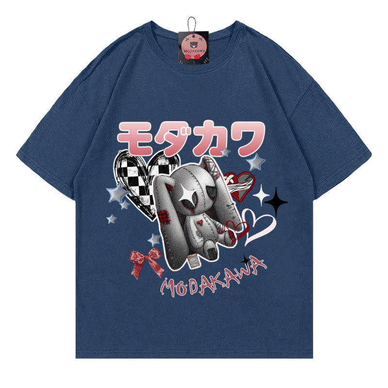 バニーハートレタープリント100%綿ModakawaTシャツ - Purplish Blue - 5XL - image 1