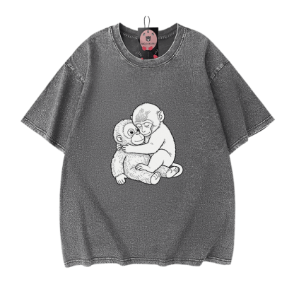 モンキーハグ グラフィックModakawaヴィンテージウォッシュ100%綿Tシャツ - Grey - 5XL - image 9