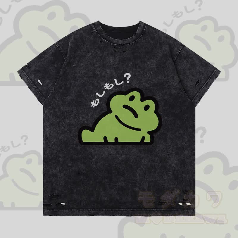 面白いカエルのグラフィックのModakawa破れTシャツ - 黒 - 2XL - image 3